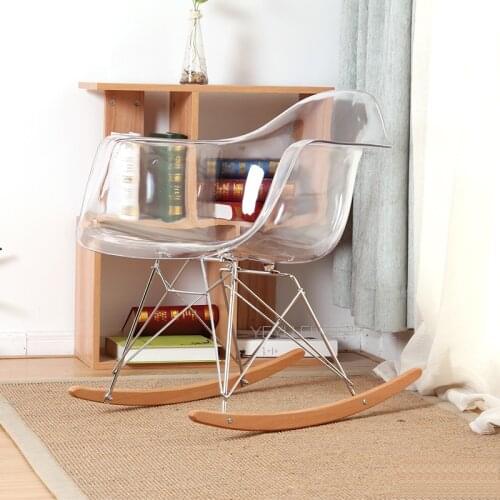 Transparent modern design clear Plastic and wood Rocking Chair. Smoke Acrylic rocking chair with armrest. Plastic Rocking Chair