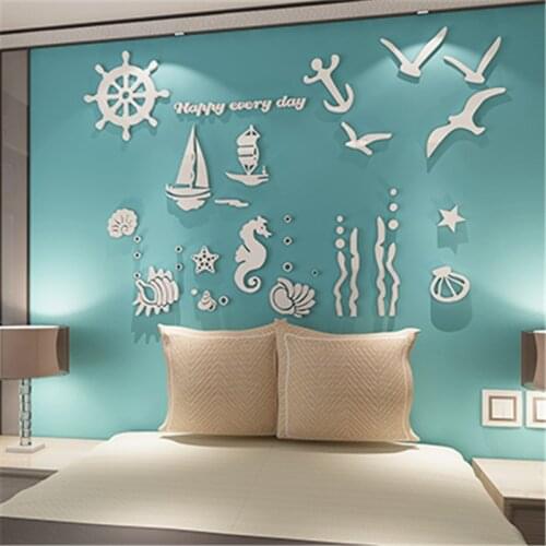 Happy Marine 3D Acrylic wall stickers for kids room Cartoon art DIY Sticker decals Mediterranean-style retro Wall Decor Ocen