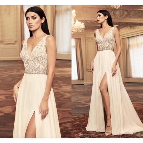 New Boho Chiffon Wedding Dress Romantic V-neck Backless A-Line Top Lace Princess Bride Wedding Gowns vestido de noiva