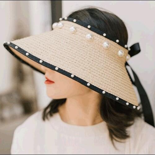 Women Pearl Headband Hat Visor Caps Girls Beach Hats Cap Lady Summer Straw Sun Hat