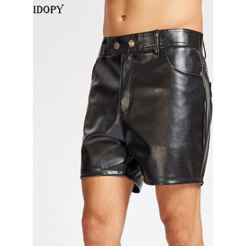 Idopy Punk Leather Short Pants Male Hair Stylist Nightclub Summer PU Stage Performance Hip Hop Men Clothing Shorts