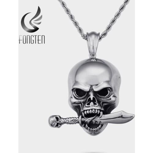 Fongten Vintage Skull Pendant Necklace Stainless Steel Big Viking Pendants Long Chain Necklace Men Fashion Jewelry