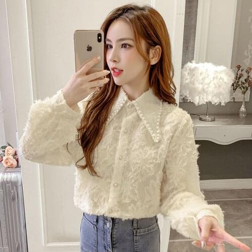 2021 Spring Women Solid Lace Blouse Female Peter Pan Collar Long Sleeve Clothing Ladies Fashion Casual Vintage Tops Shirts H1059