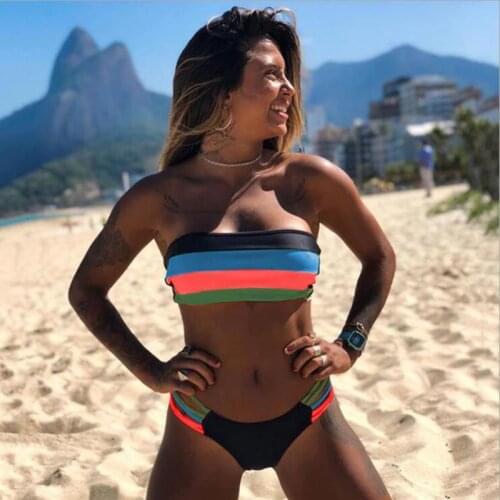 MYTENG Sexy Bandeau Patchwork Women Swimsuit Bikini Set New Plus Up Striped Bathing Suit Summer Beachwear Swimwear New Biqiuni