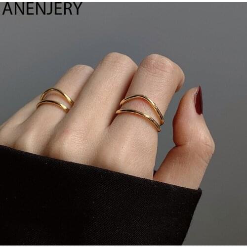 ANENJERY 925 Sterling Silver Fashion Double Curved Lines Adjustable Ring for Women Gold Color Ring Party Jewelry Gifts S-R830