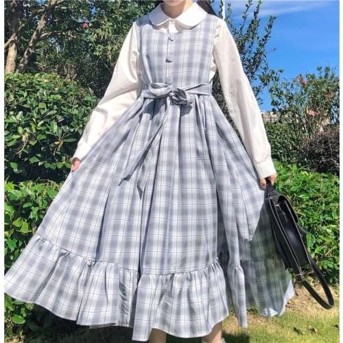 Womens Early Autumn College-Style Round Neck Sleeveless High Waist Strap Slim Plaid Ruffles Kawaii Clothing Sweet Lolita Dress