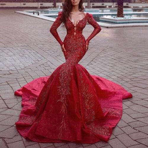 Arabic Formal Dresses abendkleider abiye Gorgeous Mermaid Prom Party Dress Long Sleeve 2021 Evening Dresses Beads Appliques