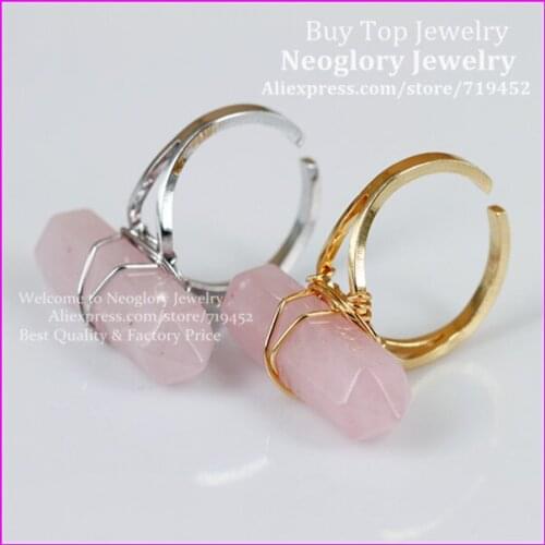 10pcs Natural Pink Quartz Gems Finger Ring,Gold/Silver Wire Wrapped Bail Point Ring Hexagon Reiki Charka Quartz Druzy Ring