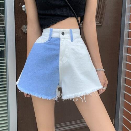 2021 High Waist Patchwork Denim Shorts Bermuda Women Y2K Summer Pockets Hip Hop Sexy Burrs Tassel Jeans Shorts Female P131