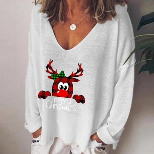 2021 Women Clothing Long Sleeve Sexy V Neck Clothes 5xl Plus Size White Shirts Women Christmas Fashion Print Fall Tops