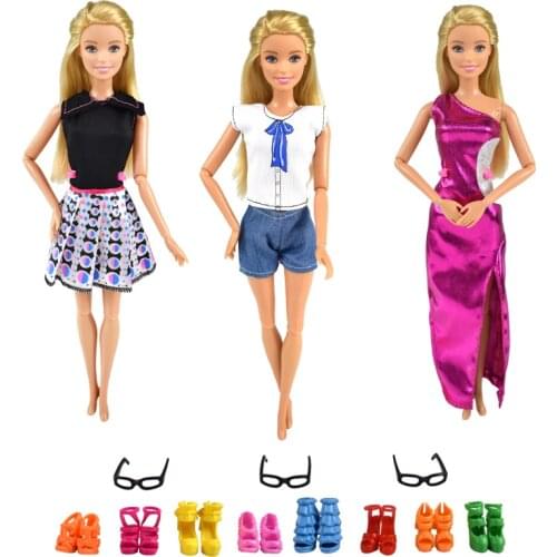 9 Item/set = 3 Pcs Homemade Dress + 3 Pcs Glasses + Random 3 Pairs Shoes for Doll Supplies Accessories Best Kids Toys Gift