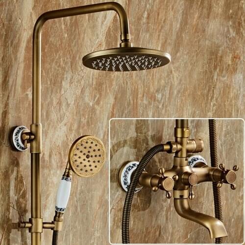 Antique Brass Bathroom Faucet Bathroom Wall Mounted Hand Held Shower Head Kit Shower Faucet Set Blue And White Porcelain Shower