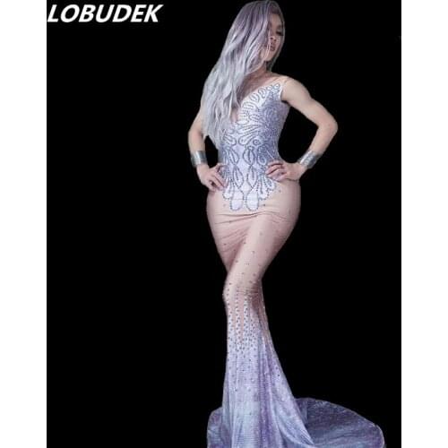 Sparkly Crystals Sleeveless Skinny Trailing Dress Rhinestones Fishtail Long Dress Women Evening Party Nightclub DS Stage Costume