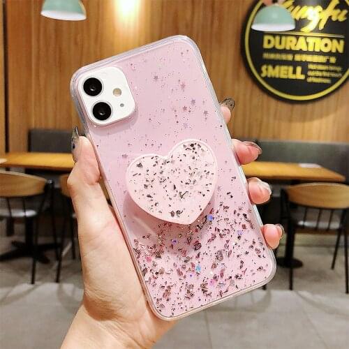Luxury Love Heart Glitter Holder Stand Phone Case For Samsung A30 A10 A71 A51 S20 S10 S9 Plus A90 A50 A70 A20E Clear TPU Cover