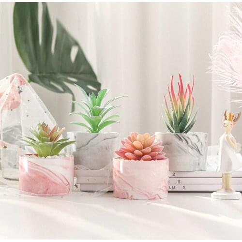 Marble Pattern Flower Pot Artificial Plastic Cactus Succulents Potted Plant Home Office Desktop Decor Bonsai