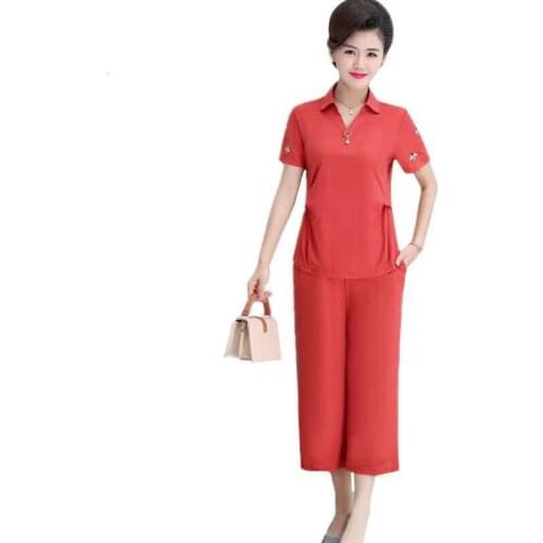 Middle-Aged Mother Embroidered Elegant T Shirt Top Womens Suit Summer 2 Piece Set Female Casual Thin Plus Size Clothes798