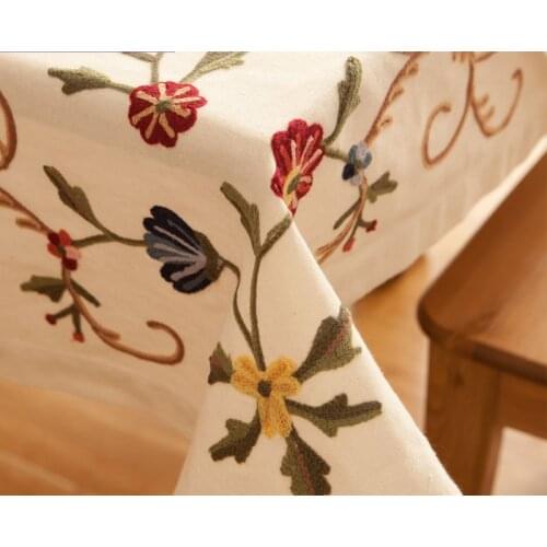HB907 fabric beige linen Illustration tablecloth table cloth runner cover napkin embroidered flower floral square rectangle