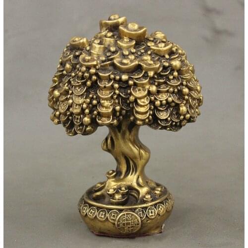 Chinese FengShui Brass Auspicious Wealth YuanBao Treasure Bowl Money Tree Statue
