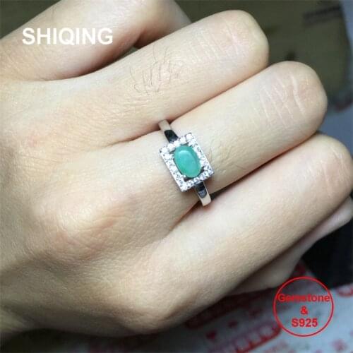 SHIQING Nature green emerald ring, 925 sterling silver rectangle unique ring for anniversary engagement