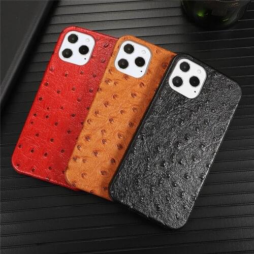 For iPhone 12 5.4" 6.1" 6.7" Leather Phone Case Shockproof Ostrich Pattern Protective Back Cover Smartphone Accessories