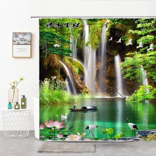 Chinese Style Landscape Scenery Shower Curtains Waterfall Lotus White Crane Green Plant Fishing Boat Home Decor Bathroom Curtain