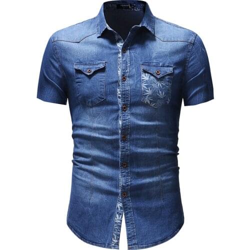 2019 New Camisa Masculina Short Sleeves Denim Shirt For Men Leaves Printed Pocket Shirts Fashion Casual Solid Shirts Man