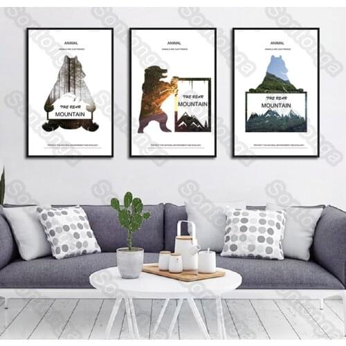 Nordic Style Art Poster Wall Stickers Simple and Light Luxury Bear Bedside Flower Stickers Living Room Background Art Wall