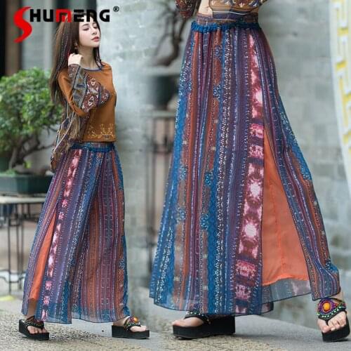2021 Spring and Summer New Ethnic Style Retro Breathable Trousers Casual Chiffon Pantskirt Elegant Dance Wide-Leg Pant for Women