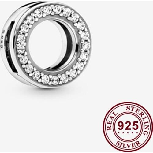 Original 925 Sterling Silver Bead Round With Crystal Clip Fit Pandora Women Bracelet & Necklace Diy Jewelry