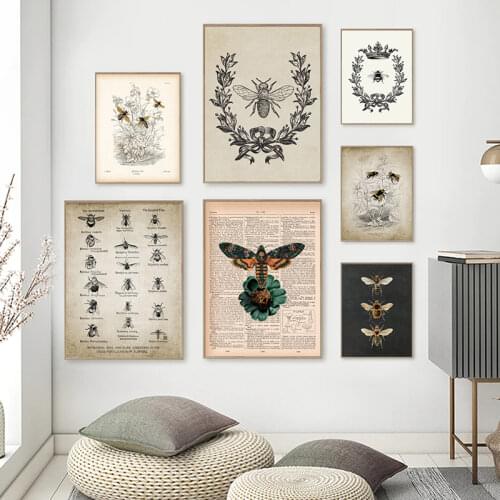 Bee Queen Prints Rustic Wall Art Picture Farmhouse Decor , Bee and Wreath Vintage Poster French Country Home Art Canvas Painting