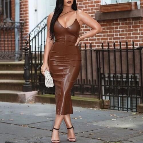 Sexy Black Red PU Leather Midi Dress Women V Neck Bandage Outwear Sleeveless Outfits Women Summer Clubwear Dress Femme Clothes