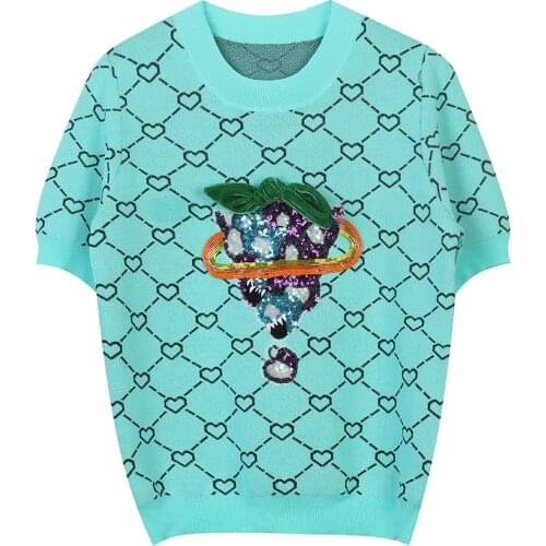 2021 Summer Women Knitted Pullover, Luxury Brand Grape Embroidery Sequined Knit Short-Sleeved Jacquard Bow Slim Sweater Top Thin