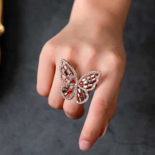 Luxury Women Cubic Zirconia Hollow Butterfly Opening Finger Ring Jewelry Gift