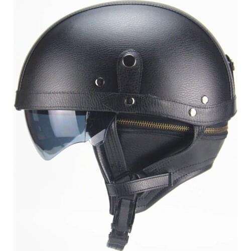 Motorcycle Motorbike Rider Half Open Face PU Leather Helmet with dual lens
