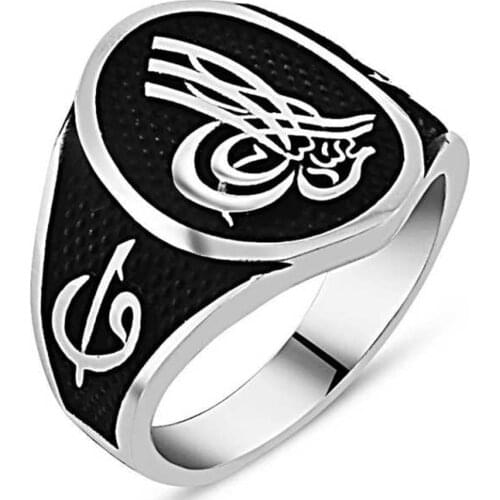 Solid 925 Sterling Silver Vav Alif Ottoman Sultan Tughra Monogram Mens Ring