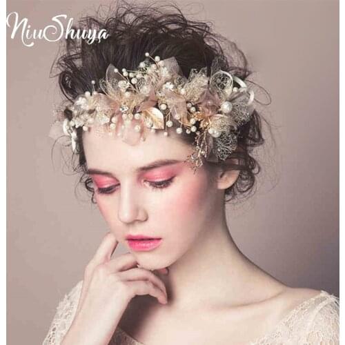 NiuShuya Vintage Pearls Flower Wedding Hair Jewelry Accessories Gold Leaf Bridal Lace Hair Clip Crown Handmade Prom Headpiece