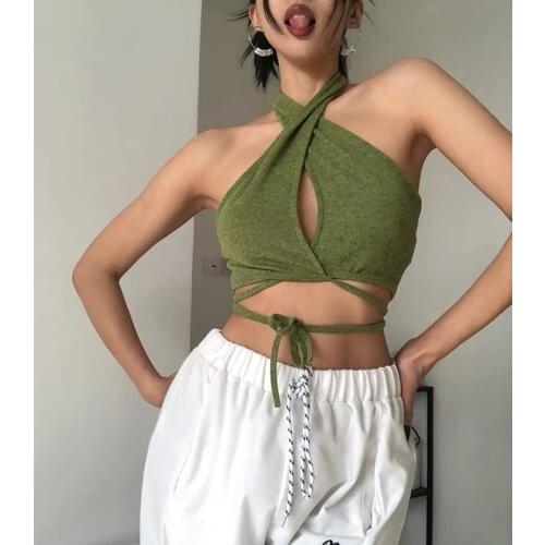 Green Cropped Tank Top Women Summer Cyber Y2k Halter Baby Tee Aesthetic Hollow Out Lace Up Top Backless Blouse Sleeveless Vest