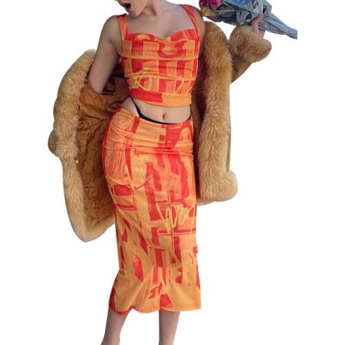 Women Harajuku Printed Fashionable Clothing Y2K New Party Club Womens Suit Sexy Aesthetic Cute Vest Short Skirt Two-piece Set