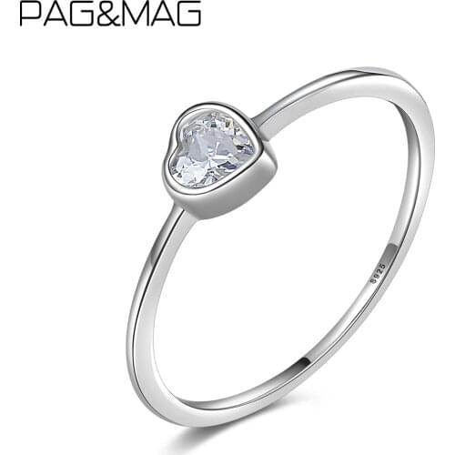 Pag&Mag Simple Clear Zircon Heart Shape Rings For Women 100% 925 Sterling Silver Rings Wedding Statement Fine Jewelry Gifts