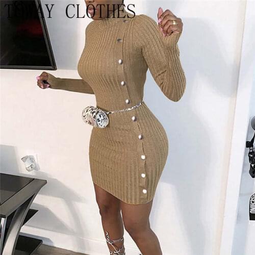 Solid Mock Neck Long Sleeve Ribbed Buttoned Bodycon Dress Women Brief Casual Mini Dresses Workwear