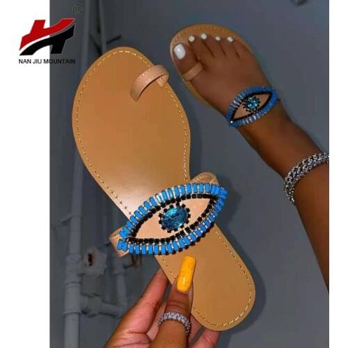 2021 Summer Womens Sandals Open Toe Flat Slippers Rhinestones Outdoor Leisure Beach Shoes Plus Size