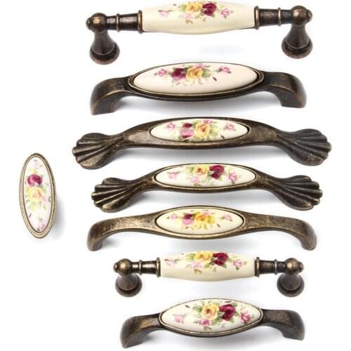 Antique Vintage Flower Bronze Ceramic Door Handles Cabinet Pulls Wardrobe Cupboard Drawer Closet Knob Furniture Kitchen Hardware