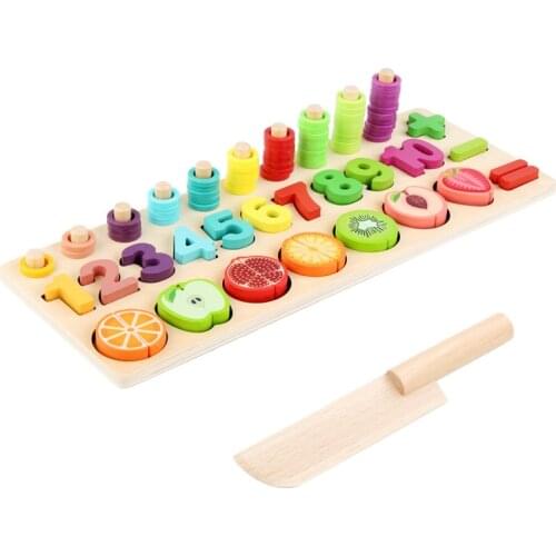 Wooden Children Cut Fruit Three-in-one Board Digital Color Cognitive Shape Paired Early Education Intellectual Arithmetic Toys
