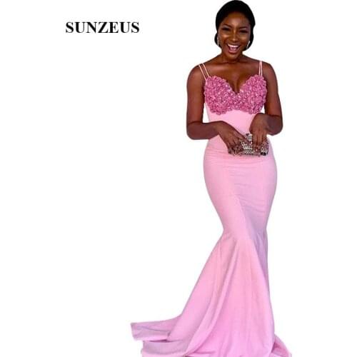 Spaghetti Straps Sweetheart Long Pink Bridesmaid Dress With Flowers Rhinestons Mermaid Wedding Party Gowns