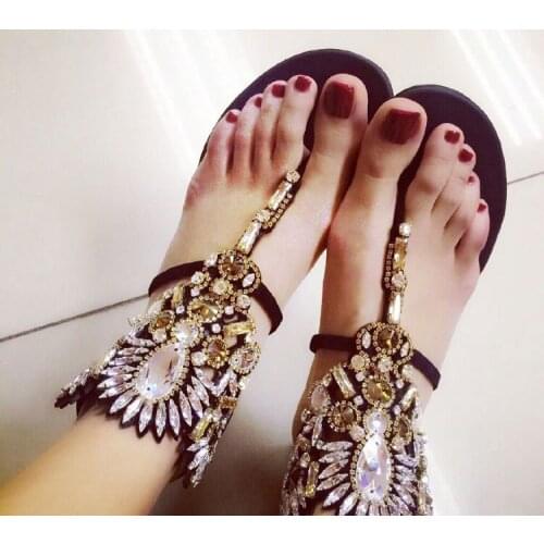 INS hot woman summer beach diamonds flat sandal bling bling bow rhinestones T strap flip-flops woman crystal bow flat sandal