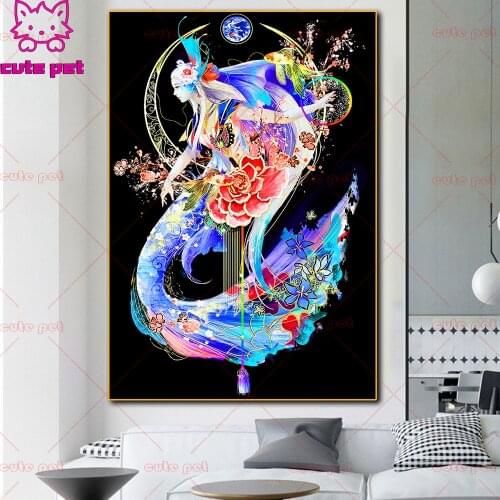 DIY Diamond Embroidery Fantasy mermaid flowers Diamond painting Full square round mosaic picture rhinestone Vintage Home Decor