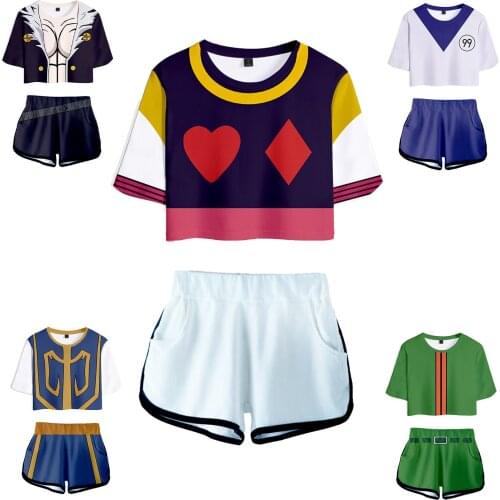 Anime Hunter x Hunter Cosplay Costume Hisoka Kurapika Short Top+Pants Set Show Navel Belly Sexy T-shirt Sportswear Unisex