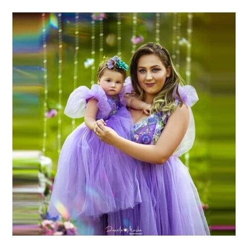 Cute Mother And Kids Tulle Dresses For Photo Shoot Sleeveless Ball Gown Puffy Plus Size Handmade Flower Mom And Me Gown