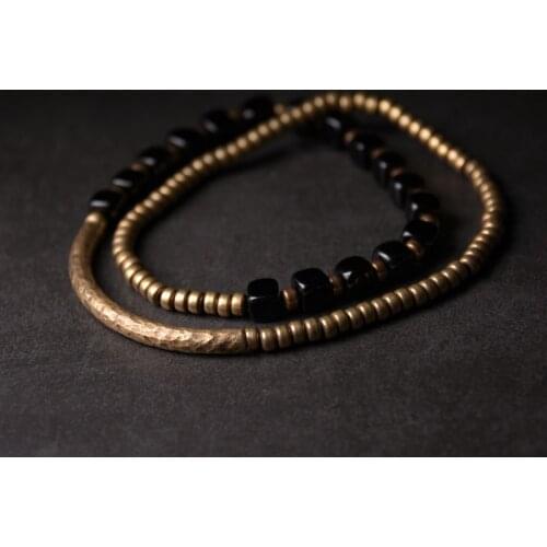 Beaded Cubic Black Onyx Multilayer Bracelet Hammered Artificial Oxidized Brass Accessories Men Women Metal Punk Street Jewelry