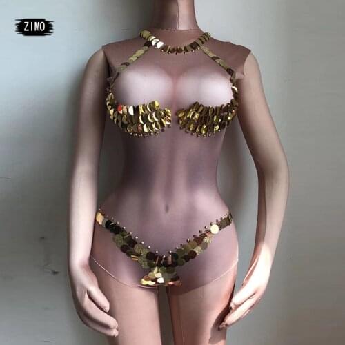 Fashion Sequins Stretch gold Bodysuit women Sexy Nightclub bar pole DJ Singer DS Costume Acrobatics Performance Clothes Bodysuit